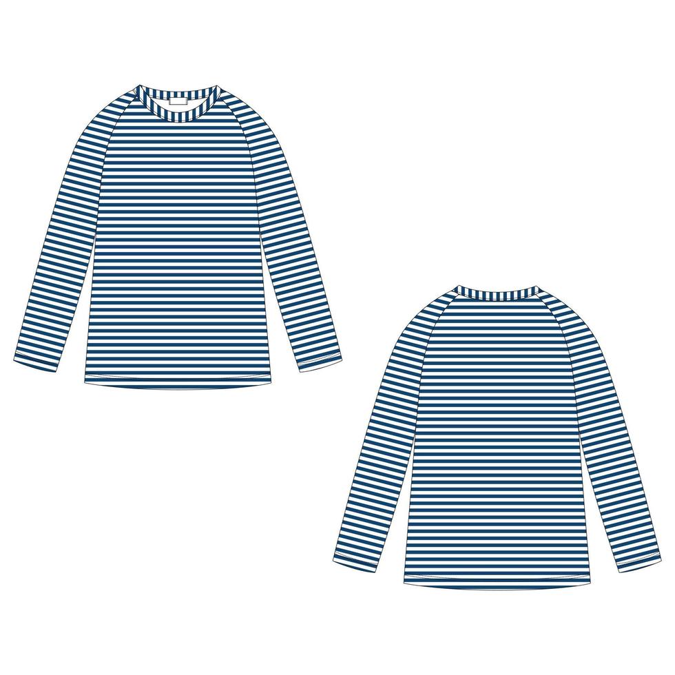 moletom raglan listra azul marinho esboço técnico infantil isolado no fundo branco. crianças usam modelo de design de jumper. vista frontal e traseira. vetor