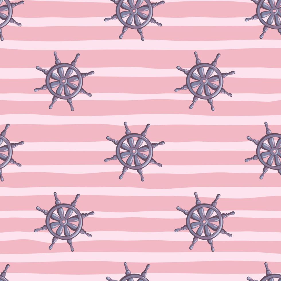 padrão de doodle sem costura de ornamento de leme de navio azul marinho. fundo rosa listrado. pano de fundo do oceano de viagem. vetor