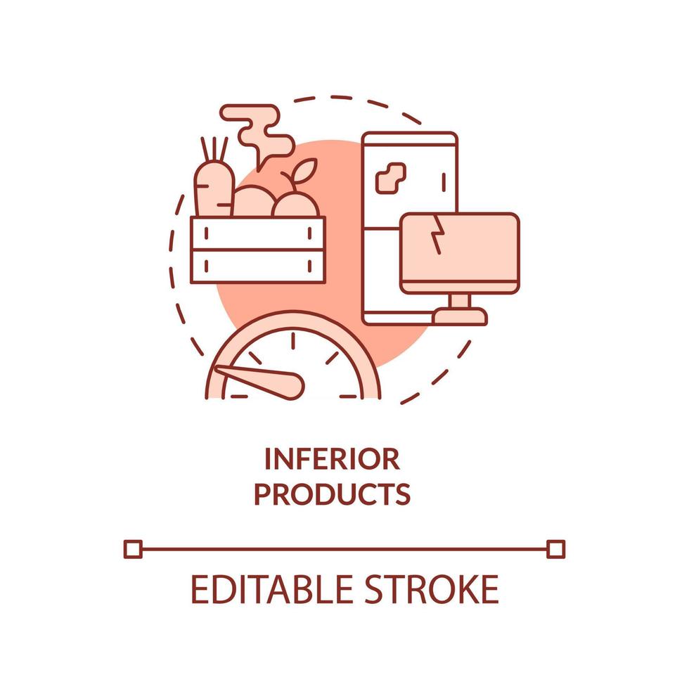 ícone de conceito vermelho de produtos inferiores. mercadorias de má qualidade. economia de mercado contras idéia abstrata ilustração de linha fina. desenho de contorno isolado. traço editável. arial, uma miríade de fontes pró-negrito usadas vetor