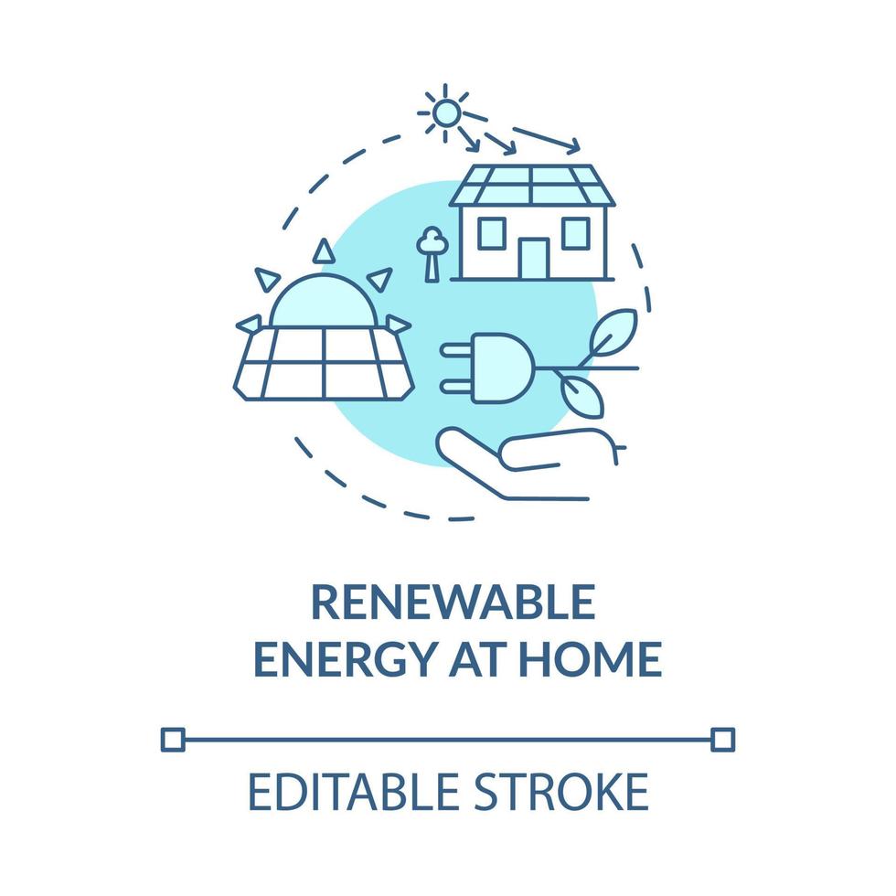 ícone de conceito turquesa de energia renovável. eletricidade solar. ilustração de linha fina de idéia abstrata de mudança climática. desenho de contorno isolado. traço editável. roboto-medium, inúmeras fontes pró-negrito usadas vetor