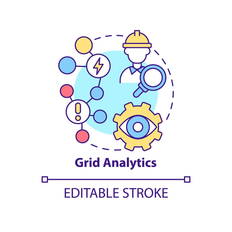 ícone do conceito de análise de grade. controle do sistema de energia e ilustração de linha fina de idéia abstrata de prevenção de problemas. desenho de contorno isolado. traço editável. roboto-medium, inúmeras fontes pró-negrito usadas vetor