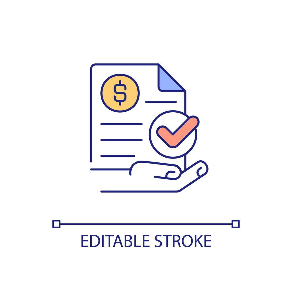 ícone de cor rgb de pagamento aprovado. declaração formal. nota fiscal de compra. documento financeiro aceito. ilustração vetorial isolado. desenho de linha preenchido simples. traço editável. fonte arial usada vetor