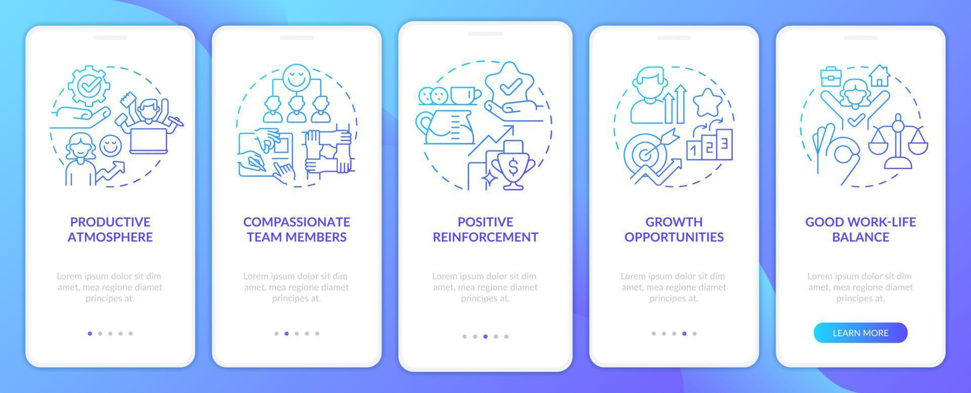 ambiente de escritório pacífico tela de aplicativo móvel de integração de gradiente azul. passo a passo 5 passos páginas de instruções gráficas com conceitos lineares. ui, ux, modelo de gui. uma miríade de fontes regulares pró-negrito usadas vetor