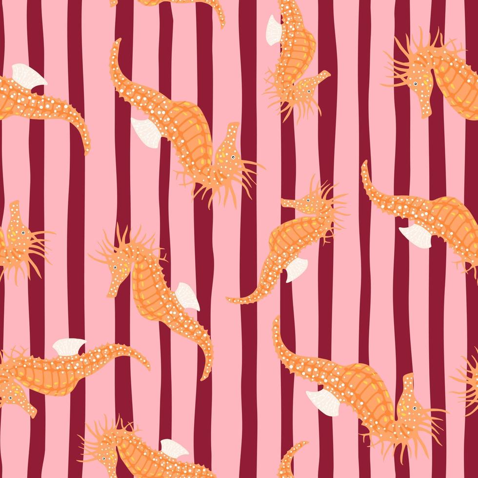 padrão de estilo infantil sem costura dos desenhos animados com impressão de cavalo-marinho aleatório de cor laranja. fundo listrado rosa. vetor