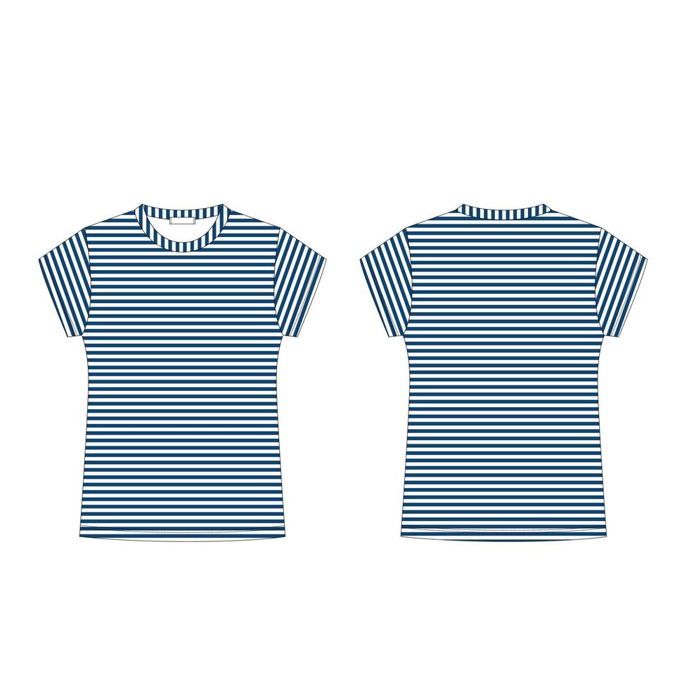 modelo de t-shirt em branco em tecido de listra azul isolado no fundo branco. frente e verso. vetor