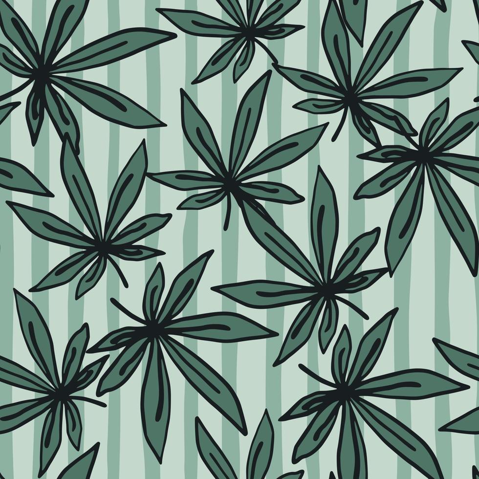 padrão sem emenda de ornamento de drogas aleatórias. folhas de cannabis de contorno preto com fundo azul despojado. vetor