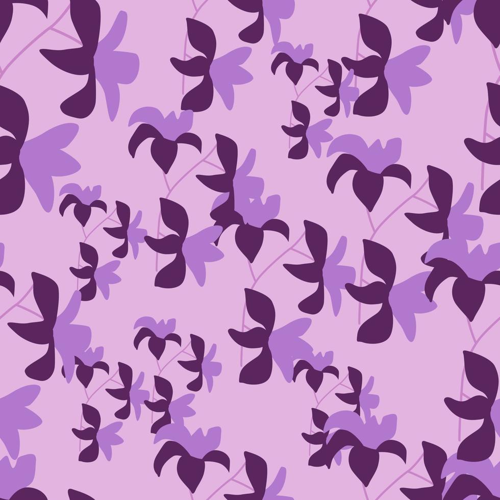padrão sem emenda brilhante com silhuetas de flores tropicais havaí doodle. cores roxas e lilás. impressão aleatória. vetor
