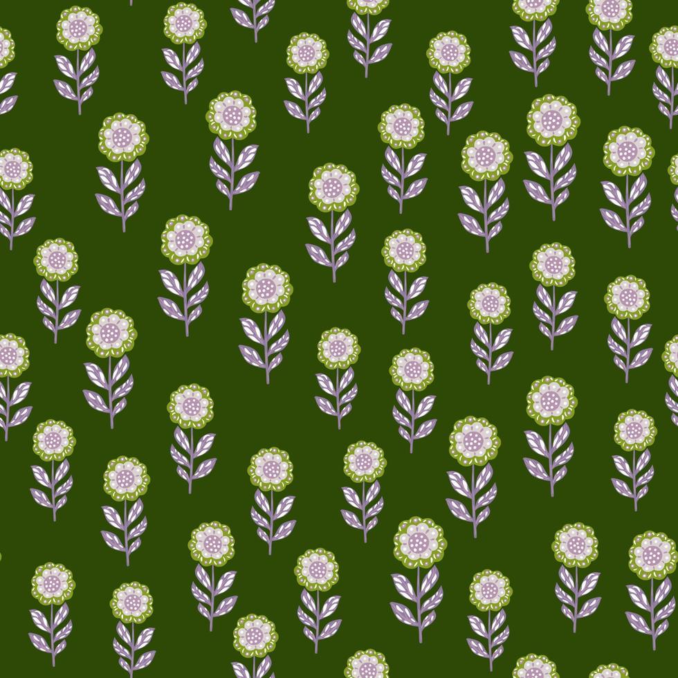 padrão de doodle sem costura de elementos folclóricos aleatórios pequenas flores. fundo verde-oliva. design simples. vetor