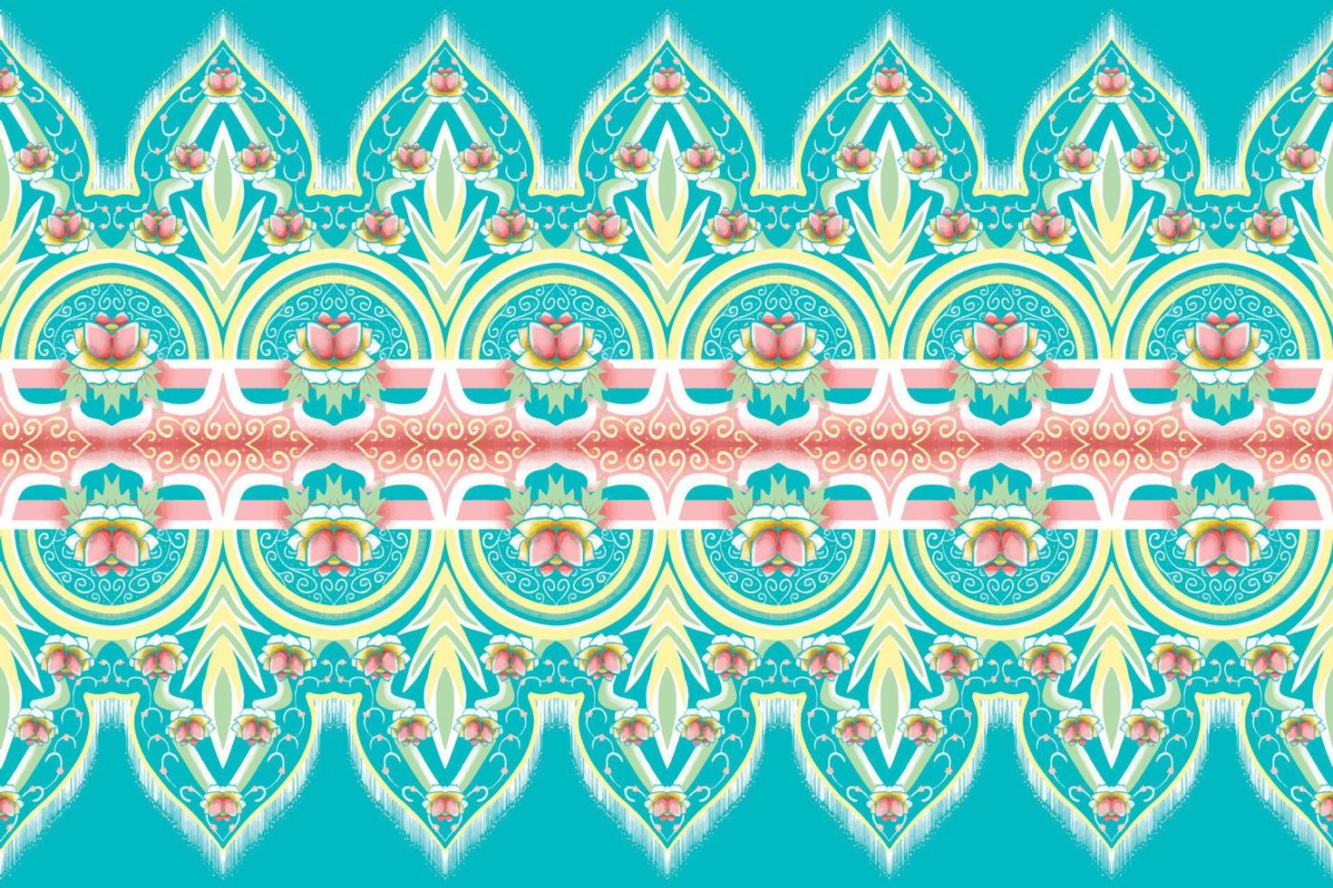 flor amarela, verde e rosa na cerceta azul. design tradicional de padrão oriental étnico geométrico para plano de fundo, tapete, papel de parede, roupas, embrulho, batik, tecido, estilo de bordado de ilustração vetorial vetor