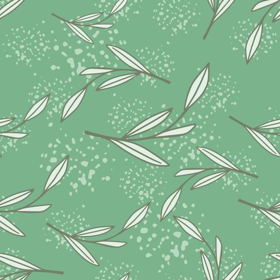 folhagem abstrata sem costura padrão com impressão de ramos de folha de contorno aleatório cinza. fundo verde com salpicos. vetor