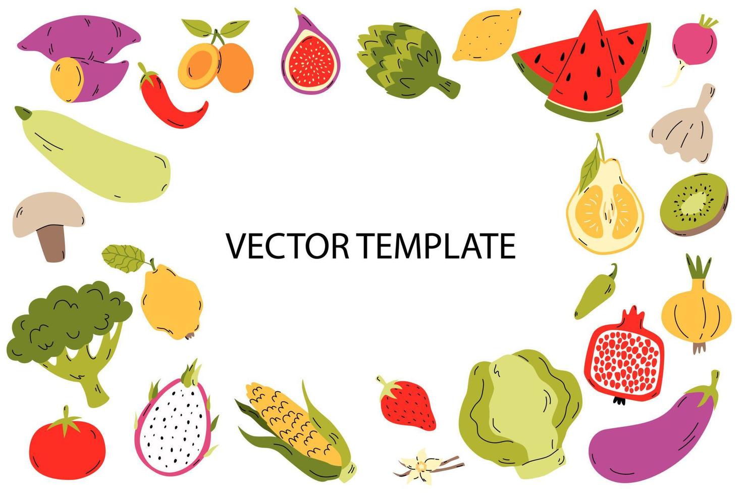 modelo de quadro de alimentos orgânicos, frutas e legumes desenhados à mão para capa de menu, banner ou folheto. ilustração vetorial dos desenhos animados. vetor