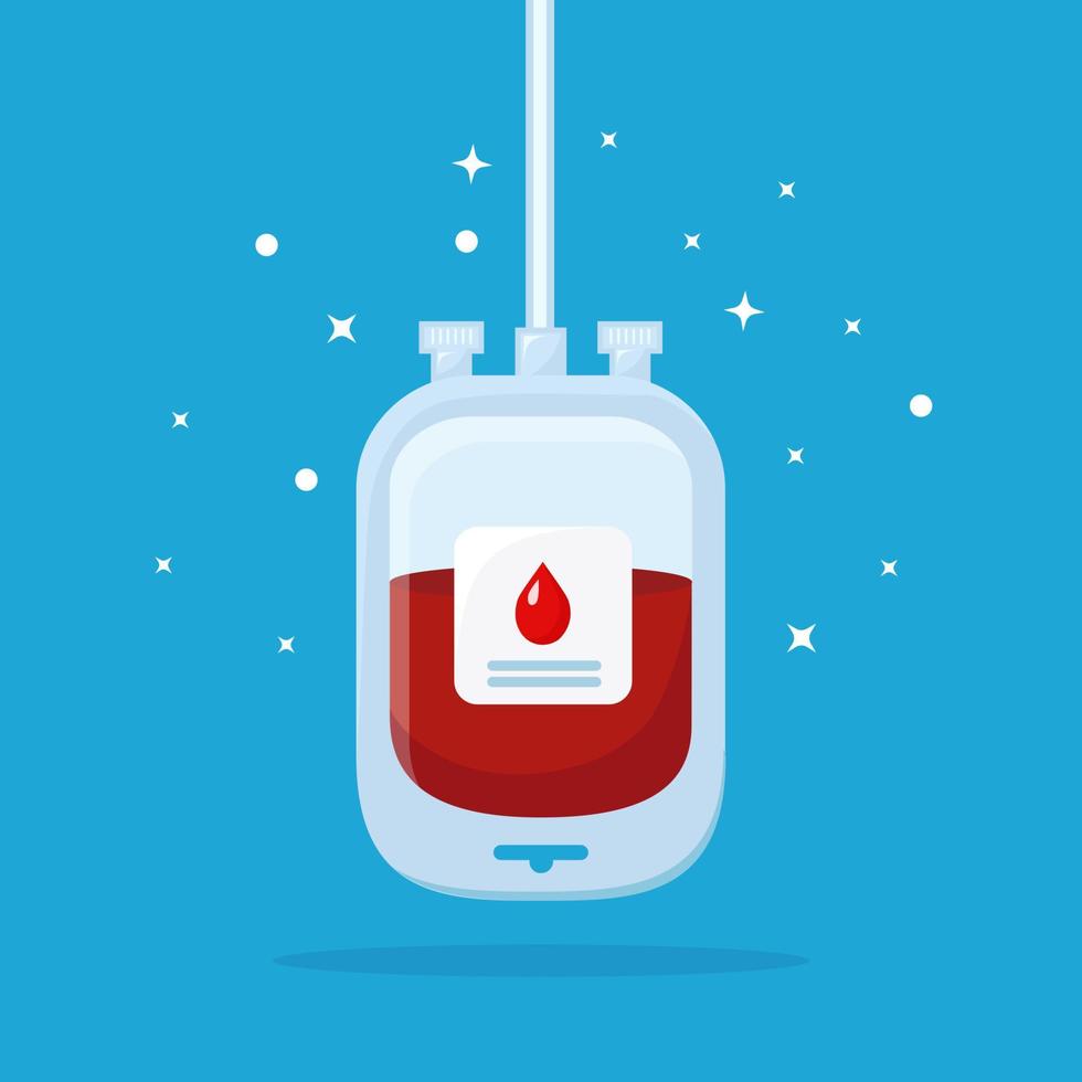 bolsa de sangue com gota vermelha isolada sobre fundo azul. doação, transfusão no conceito de laboratório de medicina. salvar a vida do paciente. design plano de vetor