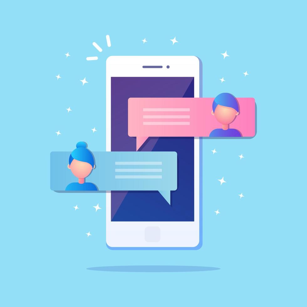 notificação de novas mensagens de bate-papo no celular. bolhas de sms na tela do celular. pessoas conversando. design plano de vetor