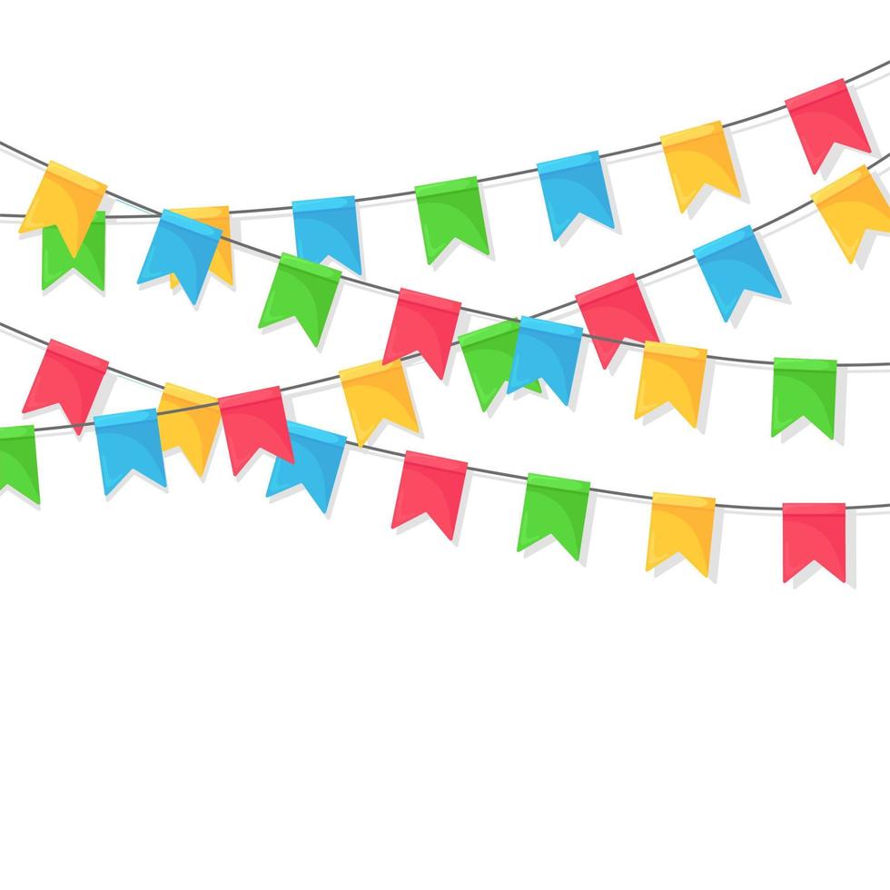 banner com guirlanda de bandeiras e fitas do festival de cores, estamenha. fundo para comemorar feliz aniversário, carnaval, justo. design plano de vetor