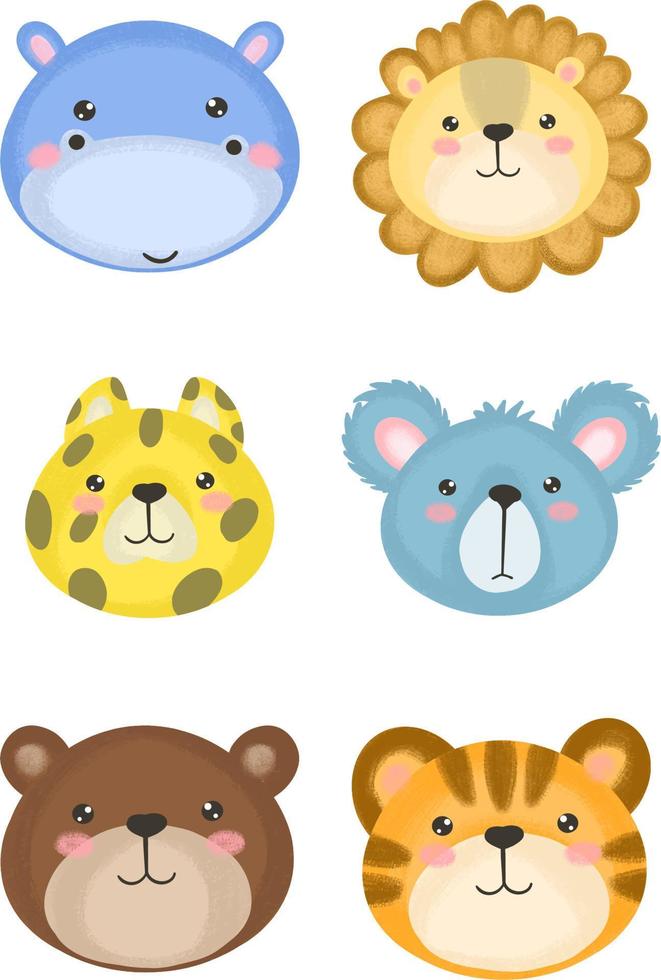 animais de zoológico desenhados à mão bonitos para pôster infantil. urso fofo, tigre, leão, hipopótamo, coala, leopardo. ilustração vetorial dos desenhos animados. vetor