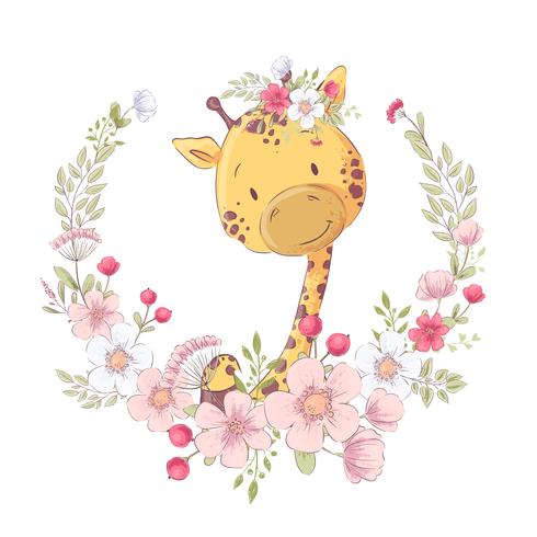 Girafa pequeno bonito do cartaz do cartão em uma grinalda das flores. Desenho à mão. Vetor