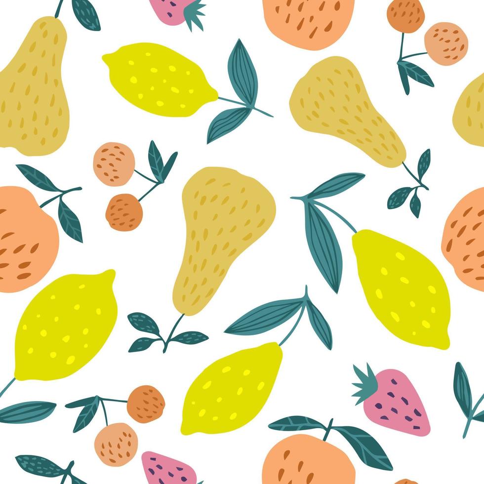 padrão sem emenda com frutas de verão. bagas de cereja, maçãs, limões, peras e folhas vetor