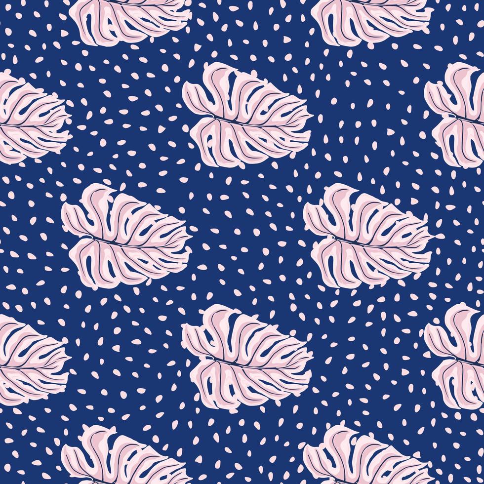 rosa estilo simples monstera folha silhuetas padrão sem emenda. fundo pontilhado azul marinho. vetor