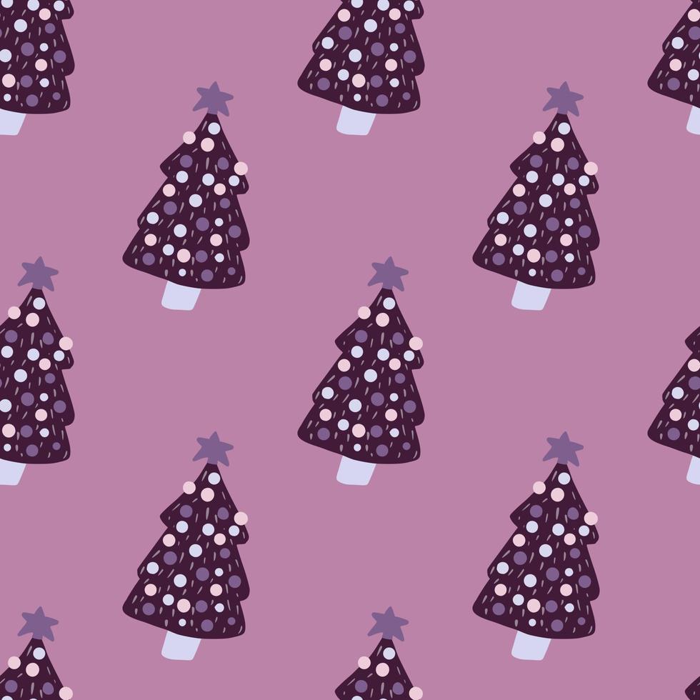 padrão sem emenda de inverno com impressão escandinava de árvore de natal doodle. ornamento roxo com decoração em fundo lilás. vetor