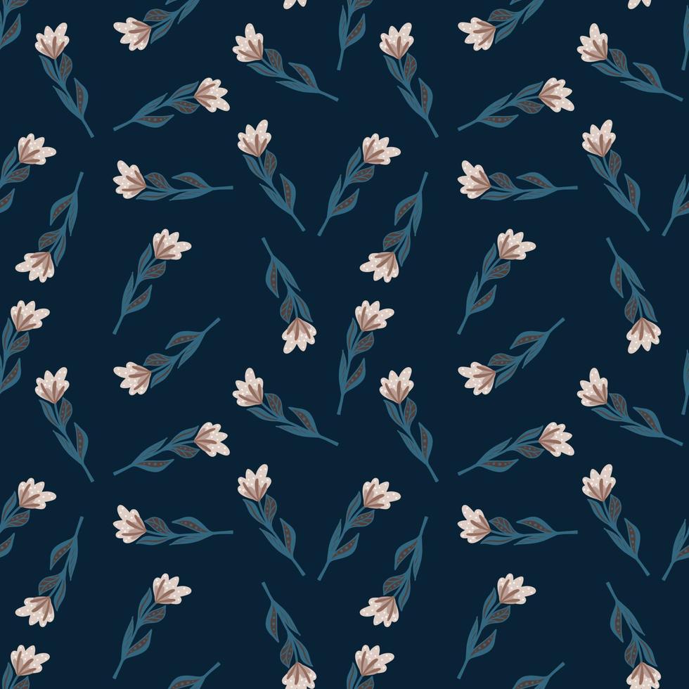 padrão sem emenda aleatório floral com pequenas silhuetas de flores simples vintage. fundo azul marinho escuro. vetor