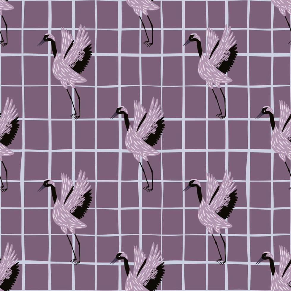 padrão sem emenda japonês exótico dos desenhos animados com formas de pássaros de guindaste. fundo pastel roxo com cheque. vetor