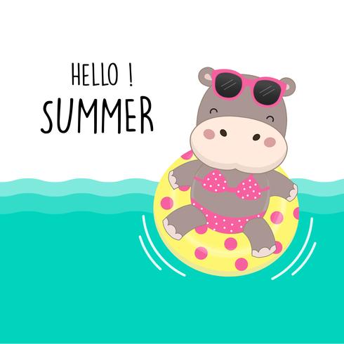Olá férias de verão. Desenhos animados &quot;sexy&quot; bonitos do anel do biquini e da nadada do desgaste do hipopótamo. vetor