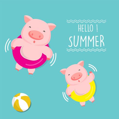 Olá Verão bonito dos desenhos animados de porco. vetor