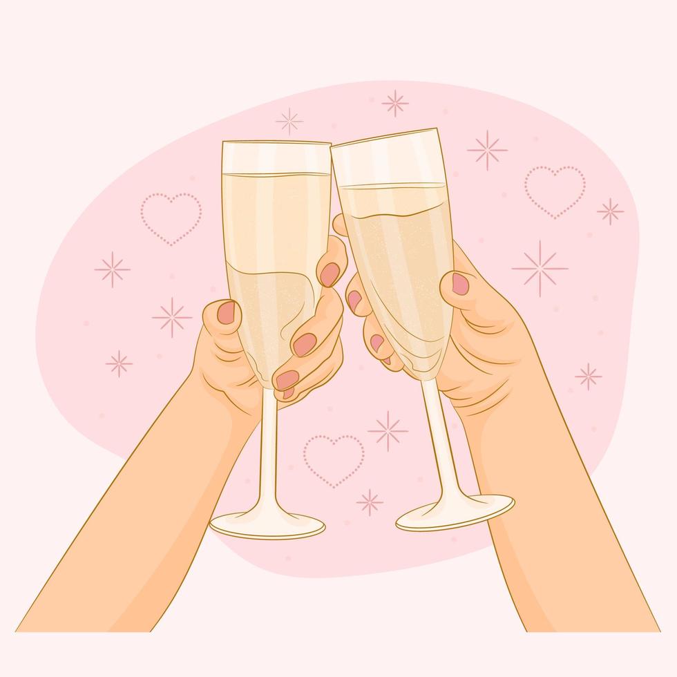 mãos de casal tilintando copos com vinho espumante comemorando feriado, conceito de saúde. vetor