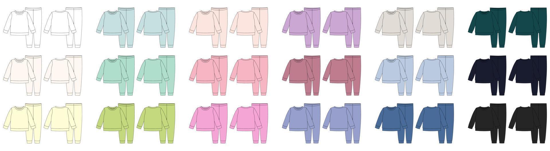 conjunto de esboço técnico de pijama de vestuário. calça e moletom infantil de algodão colorido. as crianças descrevem a coleção de modelos de design de roupas de dormir. vetor
