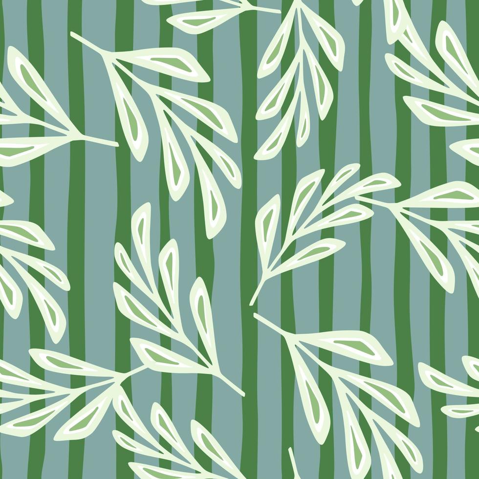 ornamento de ramos abstratos de folhagem geométrica aleatória branca. fundo listrado verde e azul. vetor