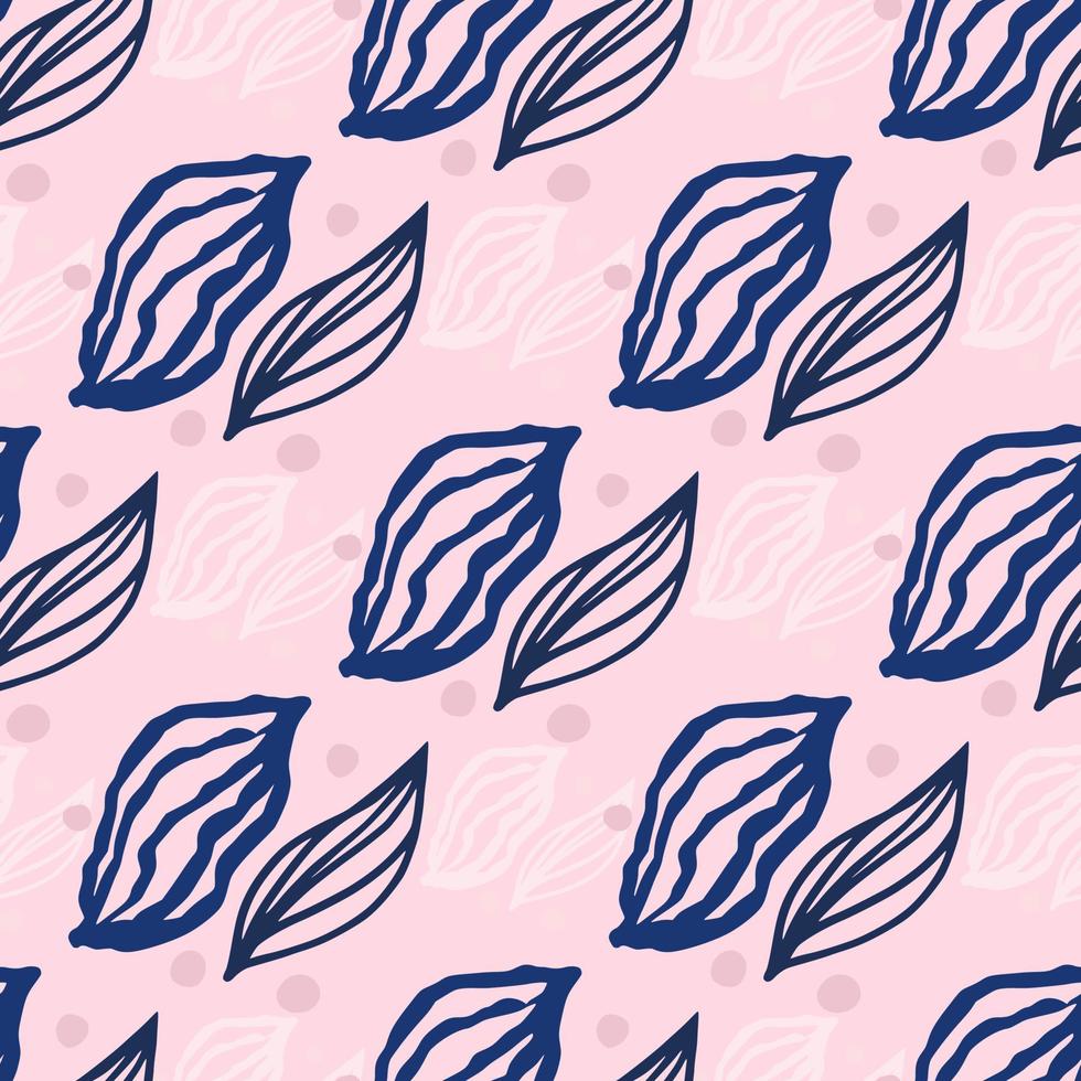 padrão sem emenda de silhuetas de folhas com contornos da marinha. doodle ornamento simples em fundo rosa com pontos. vetor