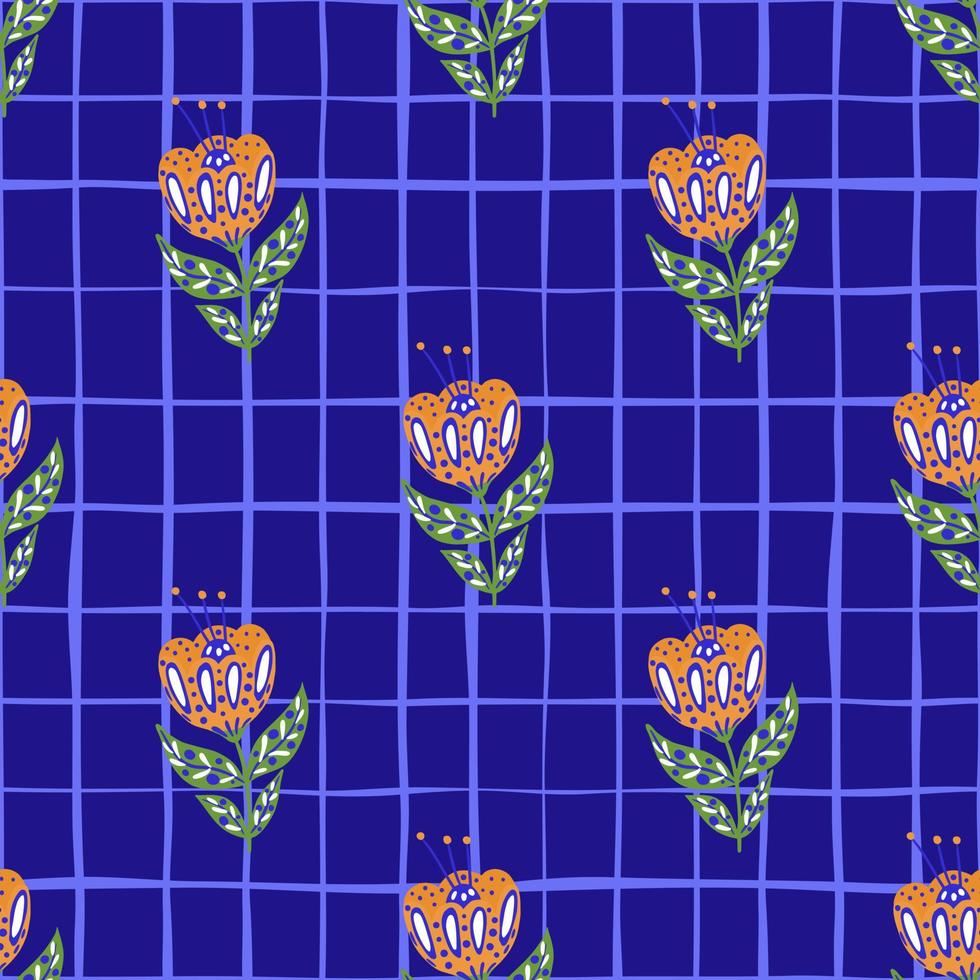 doodle padrão sem emenda com ornamento de flores folclóricas vintage laranja desenhada de mão. fundo xadrez azul marinho. vetor