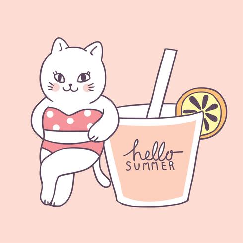 Gato &quot;sexy&quot; do verão bonito dos desenhos animados e vetor da bebida.