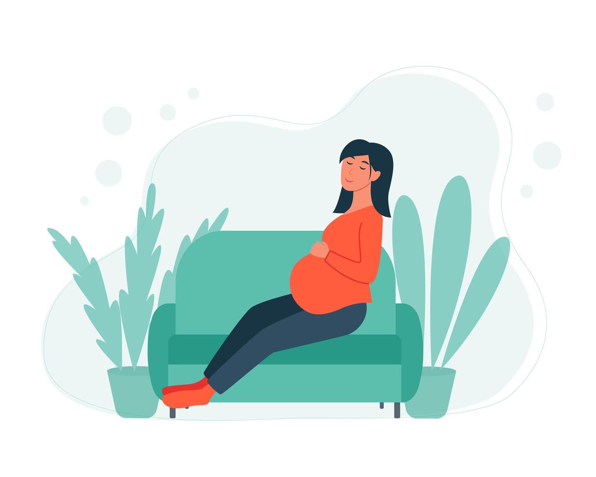 mulher grávida senta-se no sofá e descansa vetor