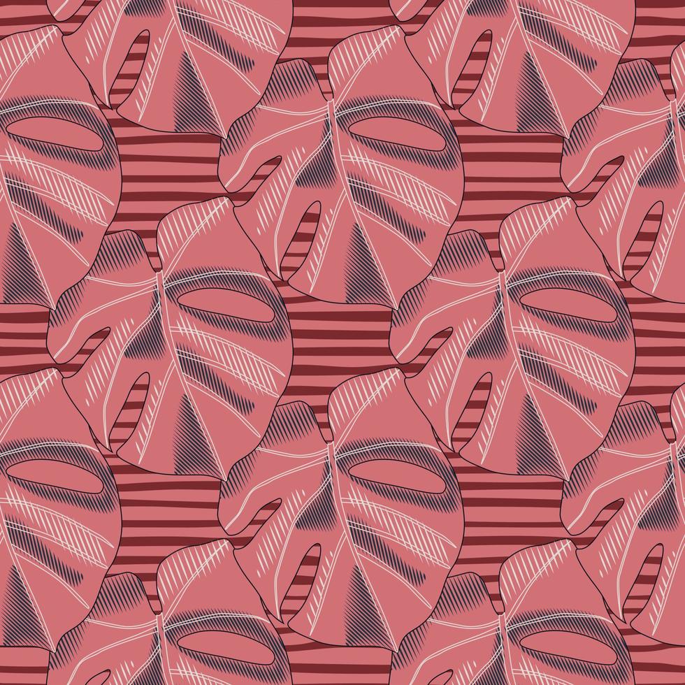 padrão de doodle sem costura de ornamento de monstera de paleta rosa. fundo listrado. arte tropical botânica. vetor