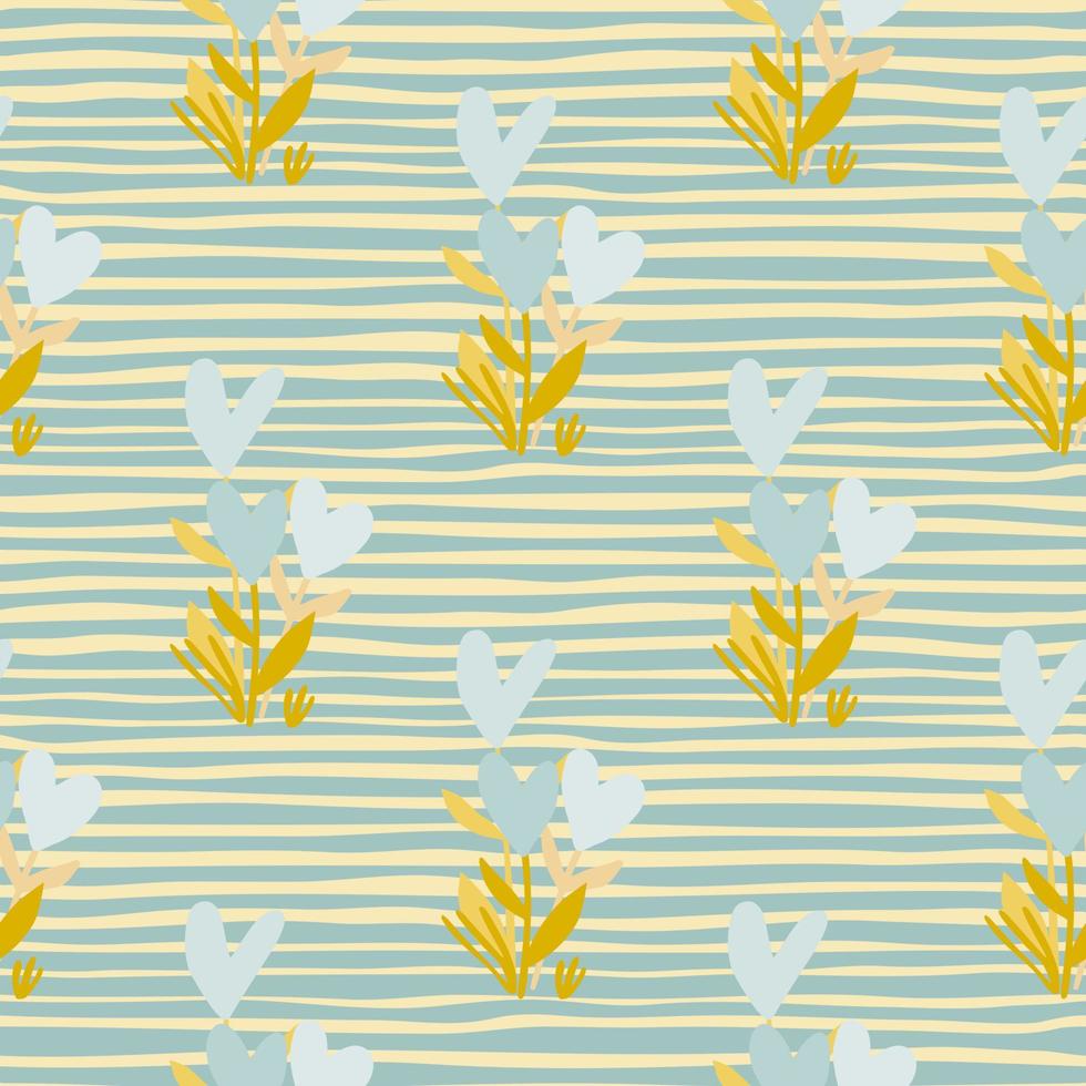 sem costura padrão botânico com elementos de coração de flor. design na paleta pastel, tons de azul e amarelo. fundo com tiras. vetor