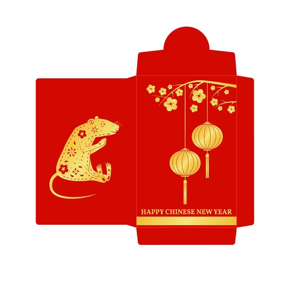 ícone plano do envelope vermelho do ano novo chinês. vetor. pacote vermelho com rato de ouro e lanternas. ano novo chinês 2020 ano do rato. vetor