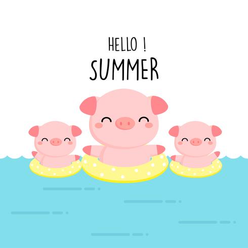 Olá Verão bonito dos desenhos animados de porco. vetor