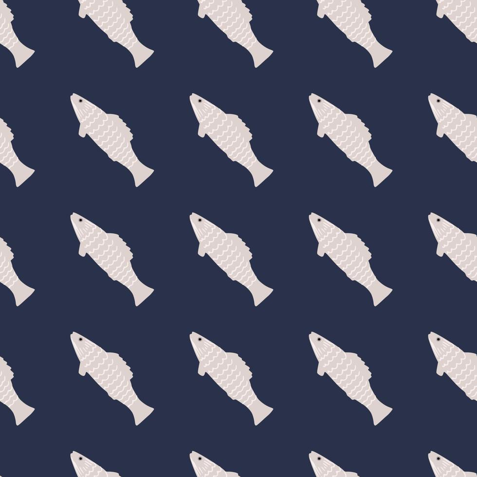 padrão sem emenda de ornamento de peixe branco doodle. formas submarinas estilizadas sobre fundo escuro azul nave. vetor