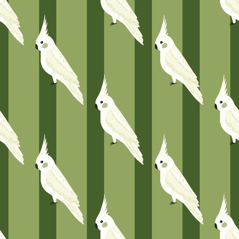 padrão sem emenda de ornamento de papagaio cacatua doodle branco. fundo listrado verde. design simples. vetor