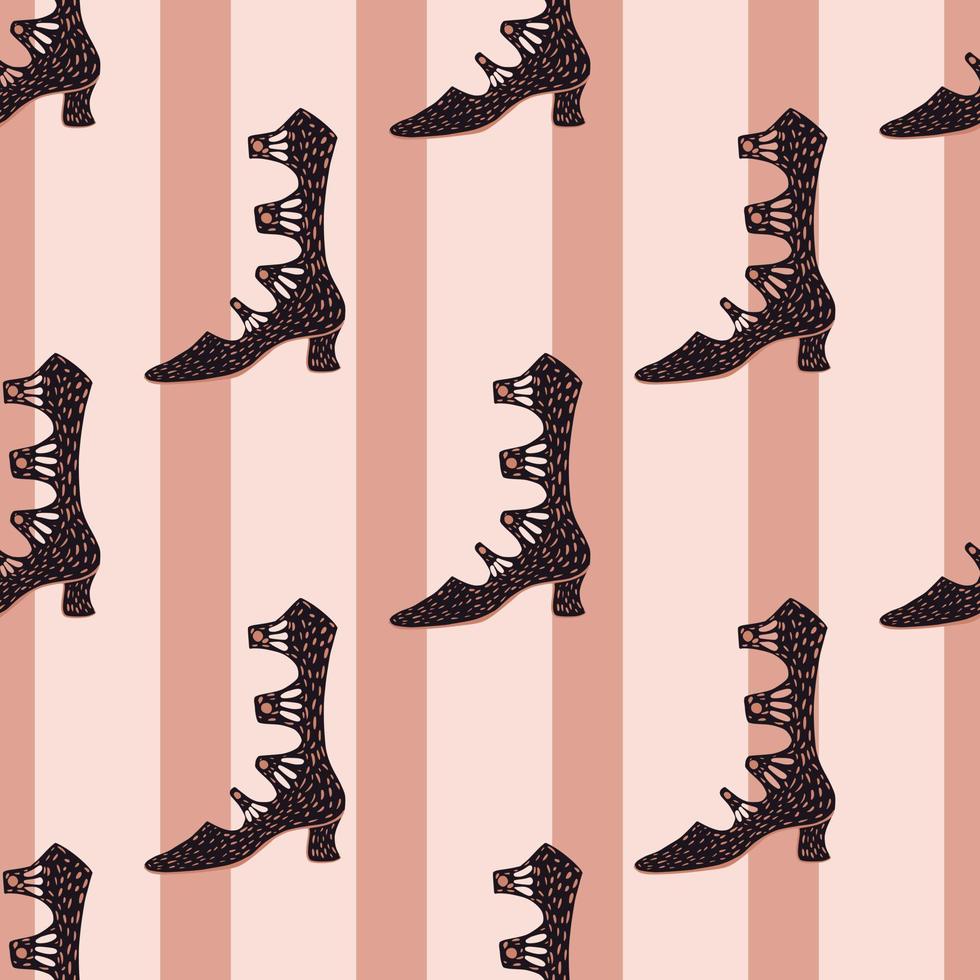 acessórios de mulheres de elegância perfeita doodle padrão com silhuetas de botas pretas simples. fundo listrado. vetor