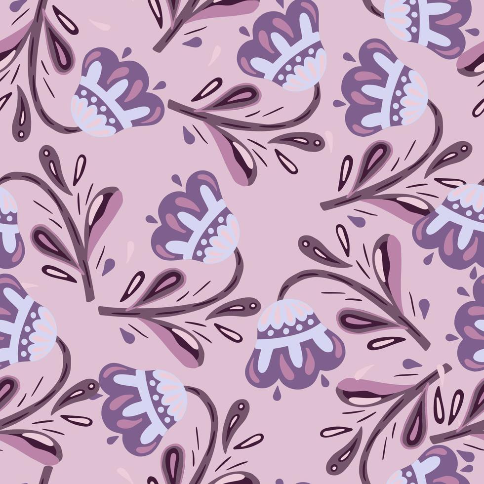 flores folclóricas abstratas sem costura padrão com ornamento violeta. fundo rosa. doodle impressão botânica. vetor