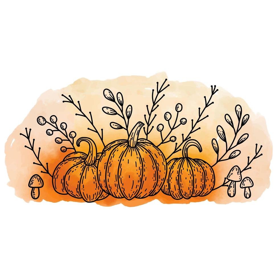 outono aconchegante ainda vida com doodle contorno abóboras pretas, cogumelos, folhas e galhos em fundo aquarela laranja colorido para o feriado de ação de Graças, design vetorial de outono. vetor