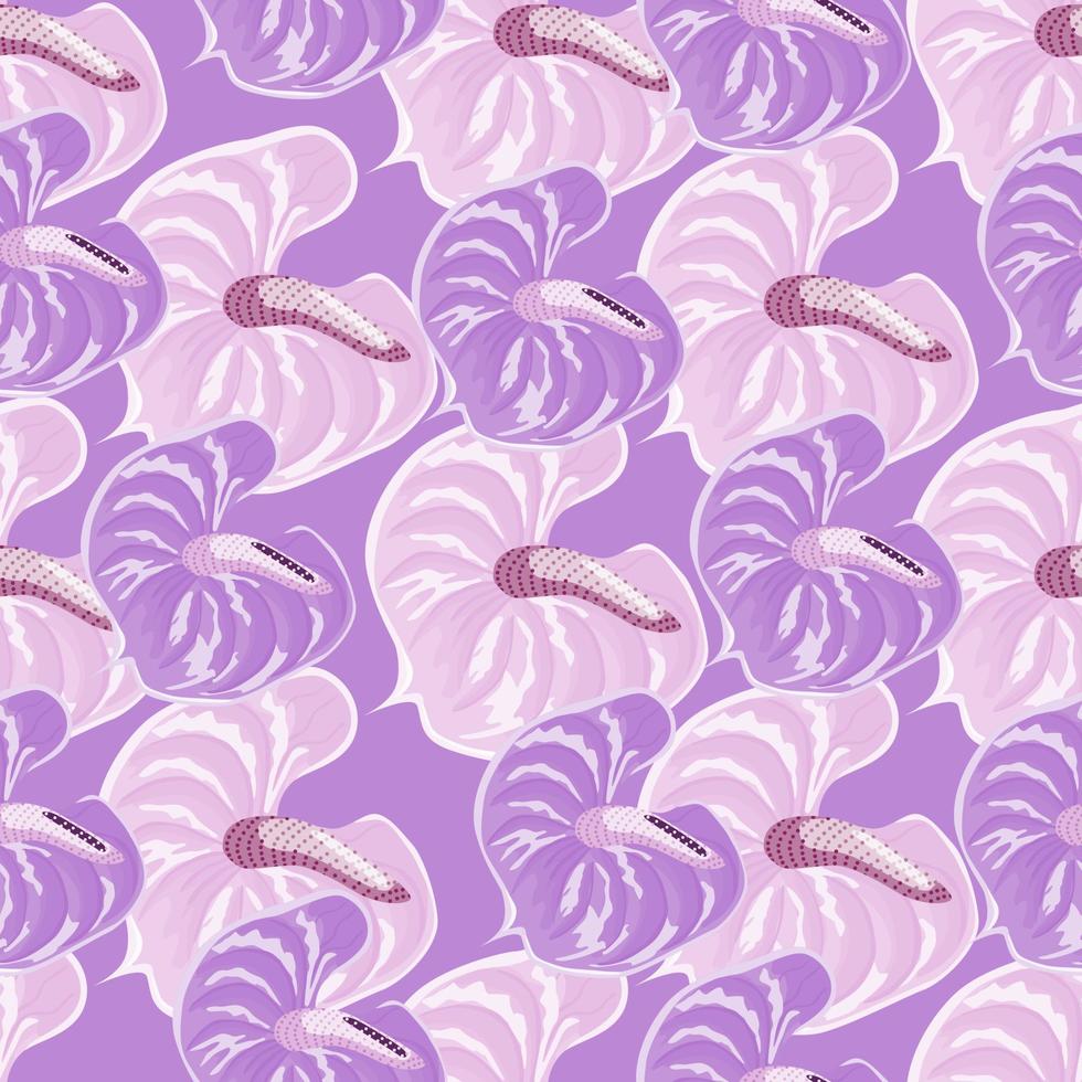 padrão sem emenda de flores de antúrio lilás abstrato. papel de parede botânico tropical. cenário de plantas havaianas exóticas na moda. vetor