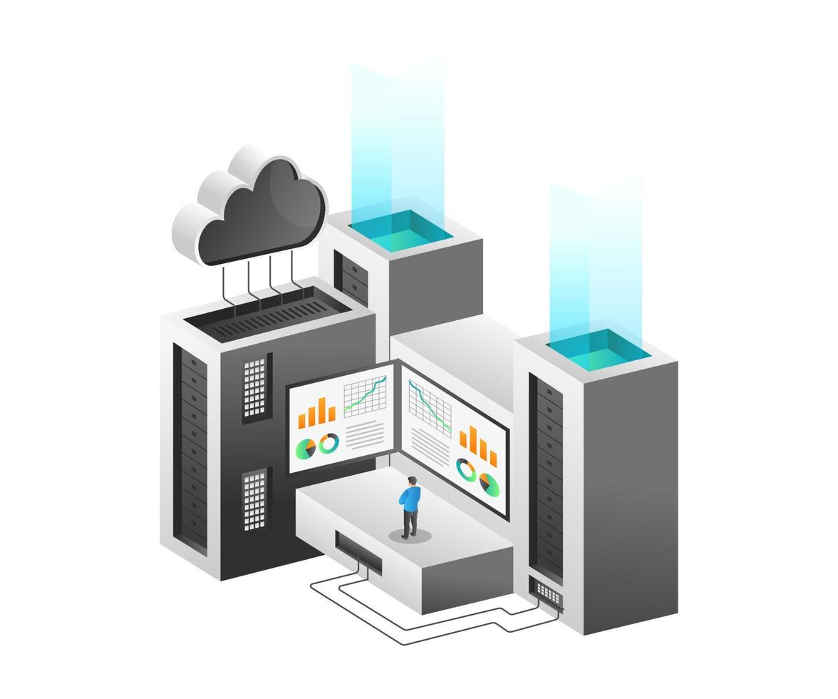 conceito de ilustração isométrica. análise de nuvem de servidor de banco de dados de segurança vetor