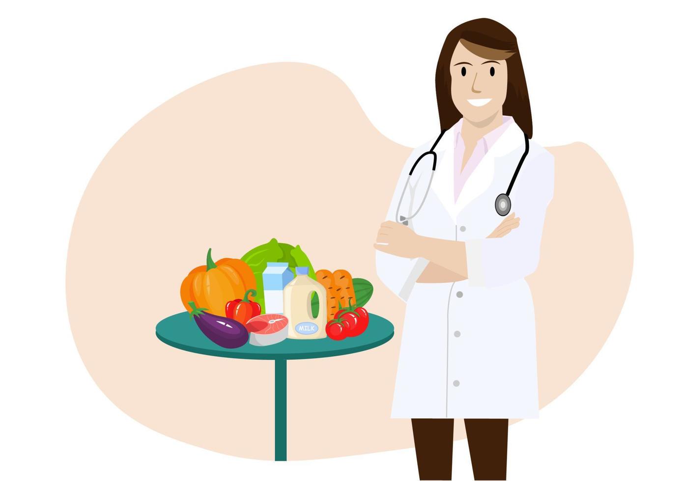 nutricionista, ela sorriu brilhantemente. e mostrou o conceito saudável de frutas e legumes de cuidados de saúde e dieta vetor