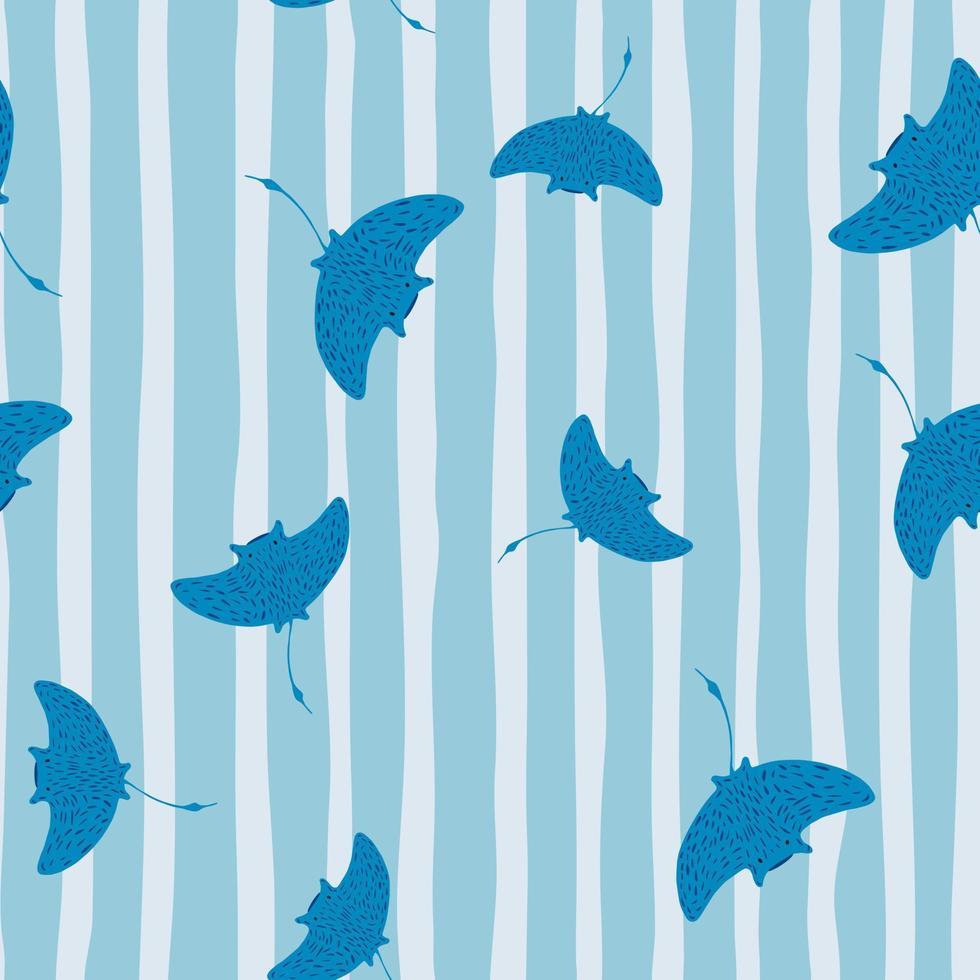 padrão sem emenda de peixes exóticos com silhuetas de arraias coloridas azuis. fundo listrado. estilo de esboço. vetor