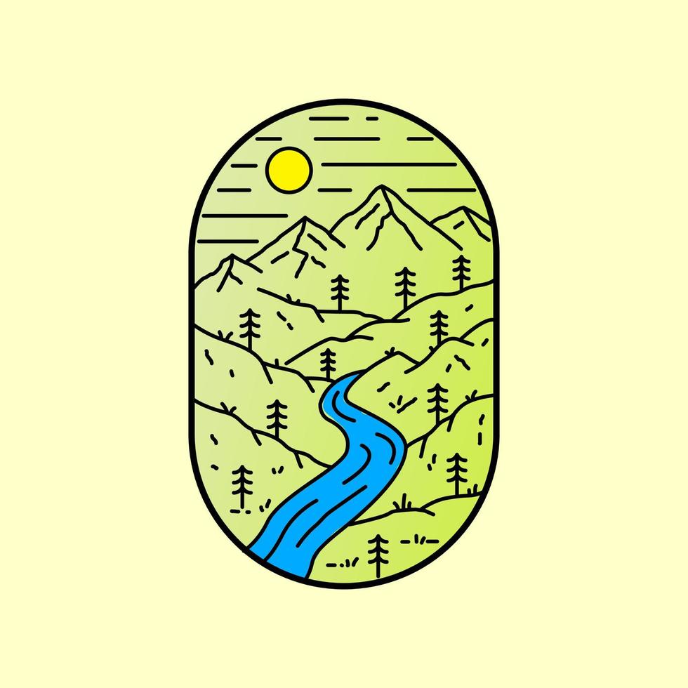 vista do rio, floresta e montanha - linha mono linha de arte para pin ilustração gráfica design de t-shirt de arte vetorial vetor