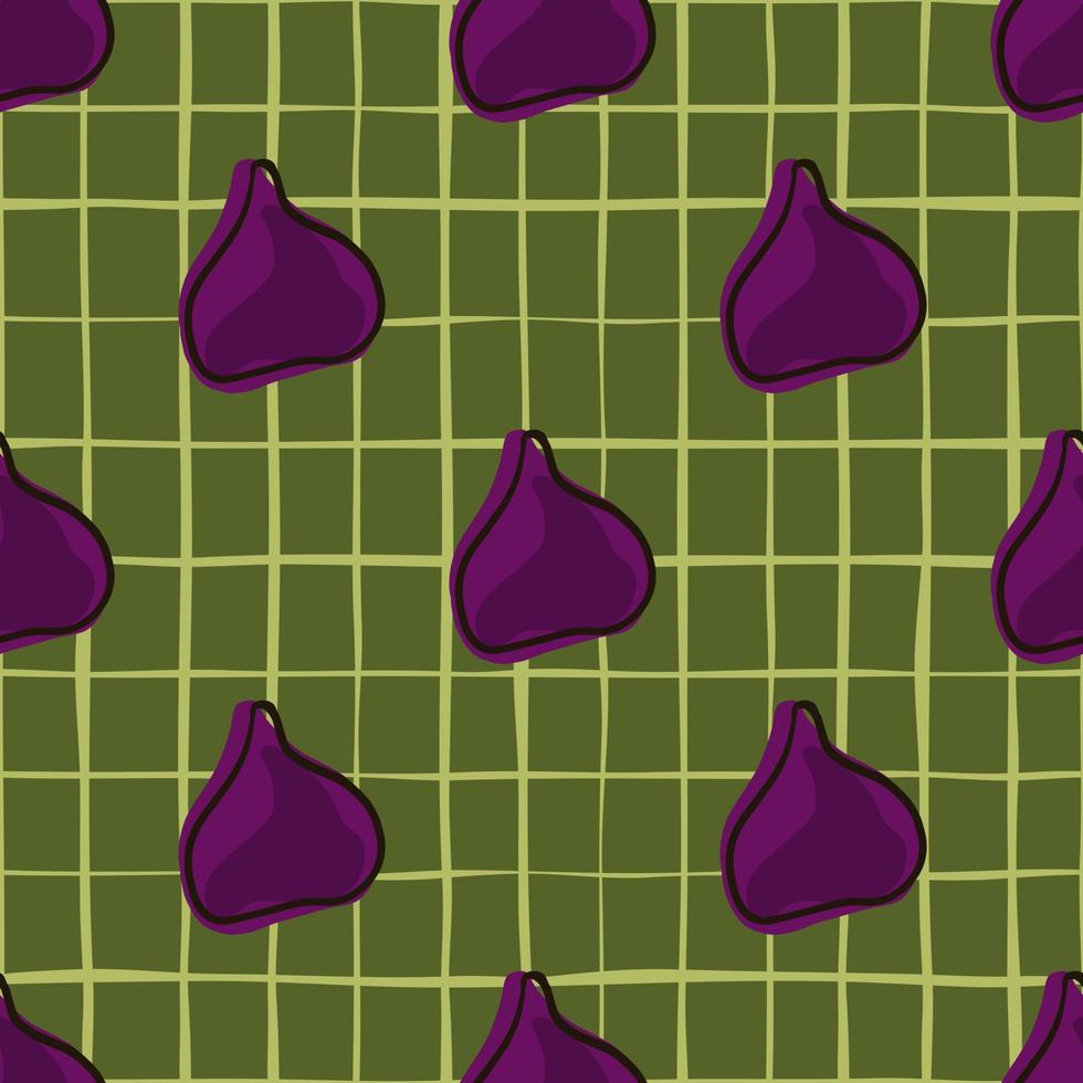 padrão sem emenda de frutas naturais decorativas com ornamento de figo roxo doodle. fundo xadrez verde. vetor