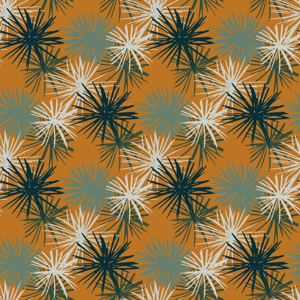padrão de silhuetas abstratas de ouriço estrela sem costura. ornamento de oceano branco, cinza e azul marinho em fundo laranja. vetor